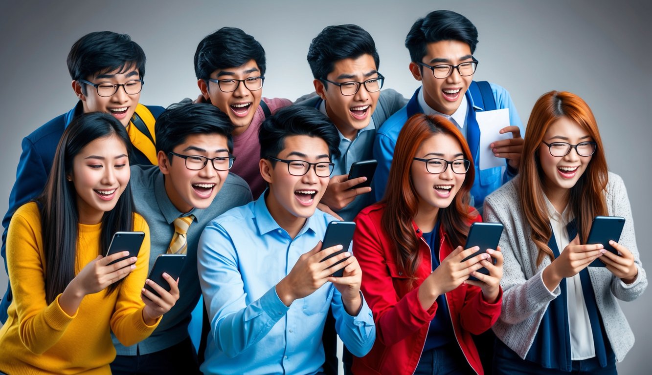 Bir grup öğrenci, akıllı telefonlarında sınav sonuçlarını heyecan ve beklenti ifadeleriyle heyecanla kontrol ediyor.