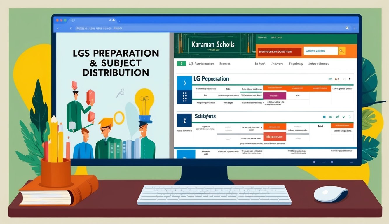 Karaman liseleri için LGS hazırlığı ve konu dağılımını gösteren bir web sitesi ile bir bilgisayar ekranı