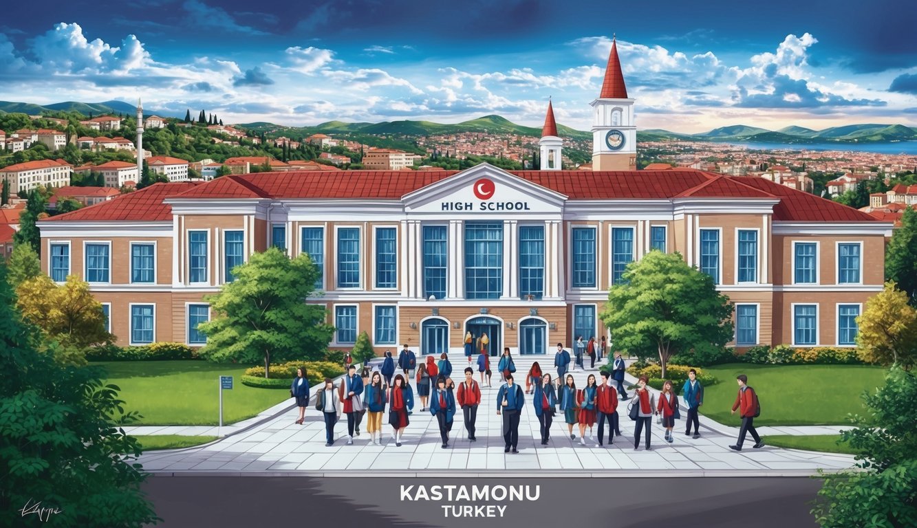 Türkiye'nin Kastamonu şehrinde, kampüse giren öğrencilerle dolup taşan bir lise ve şehrin resmedilmeye değer manzarası
