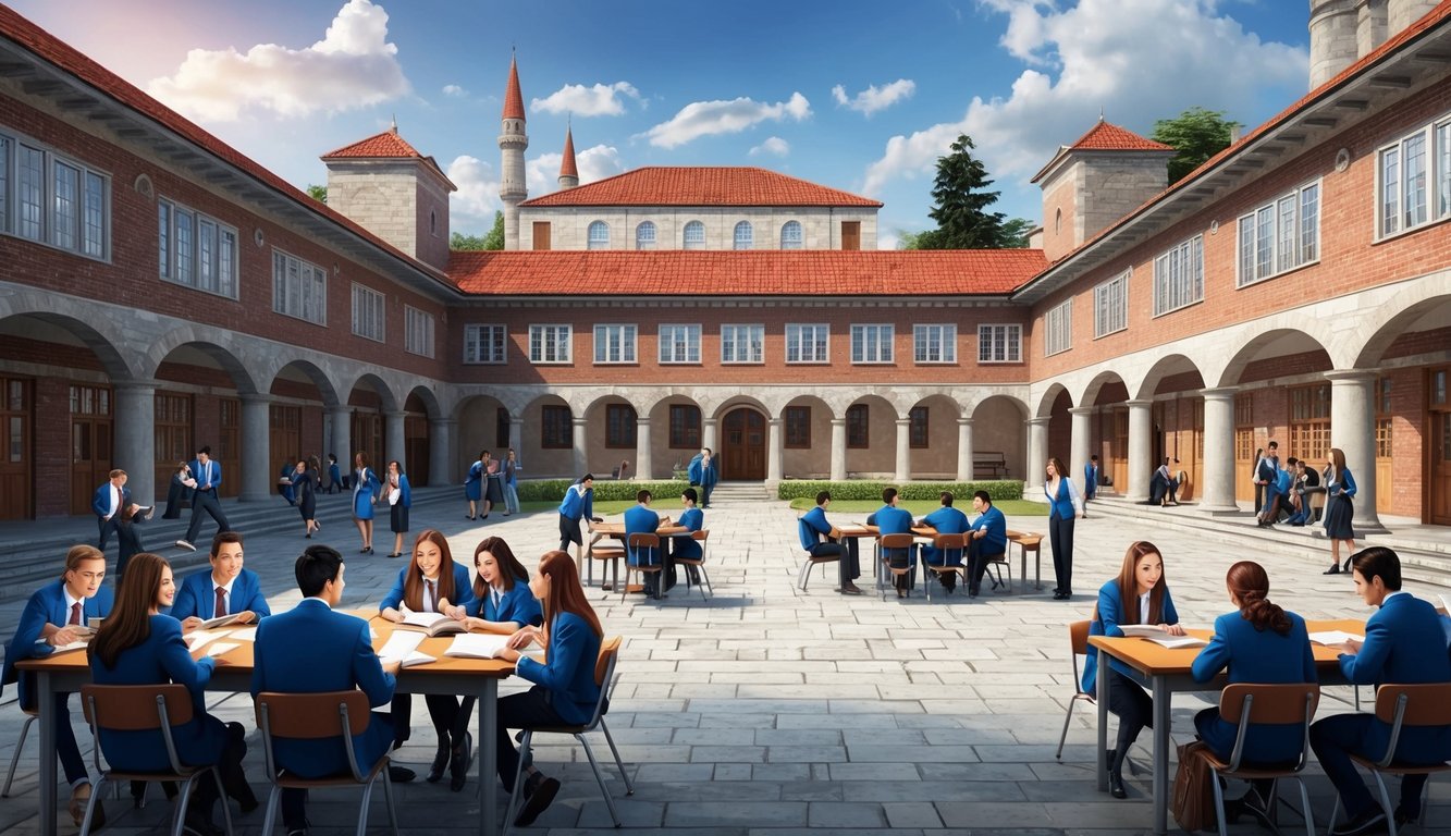 Türkiye'nin Kastamonu şehrinde, tarihi binalarla çevrili, öğrencilerin sohbet ettiği ve ders çalıştığı hareketli bir okul avlusu.