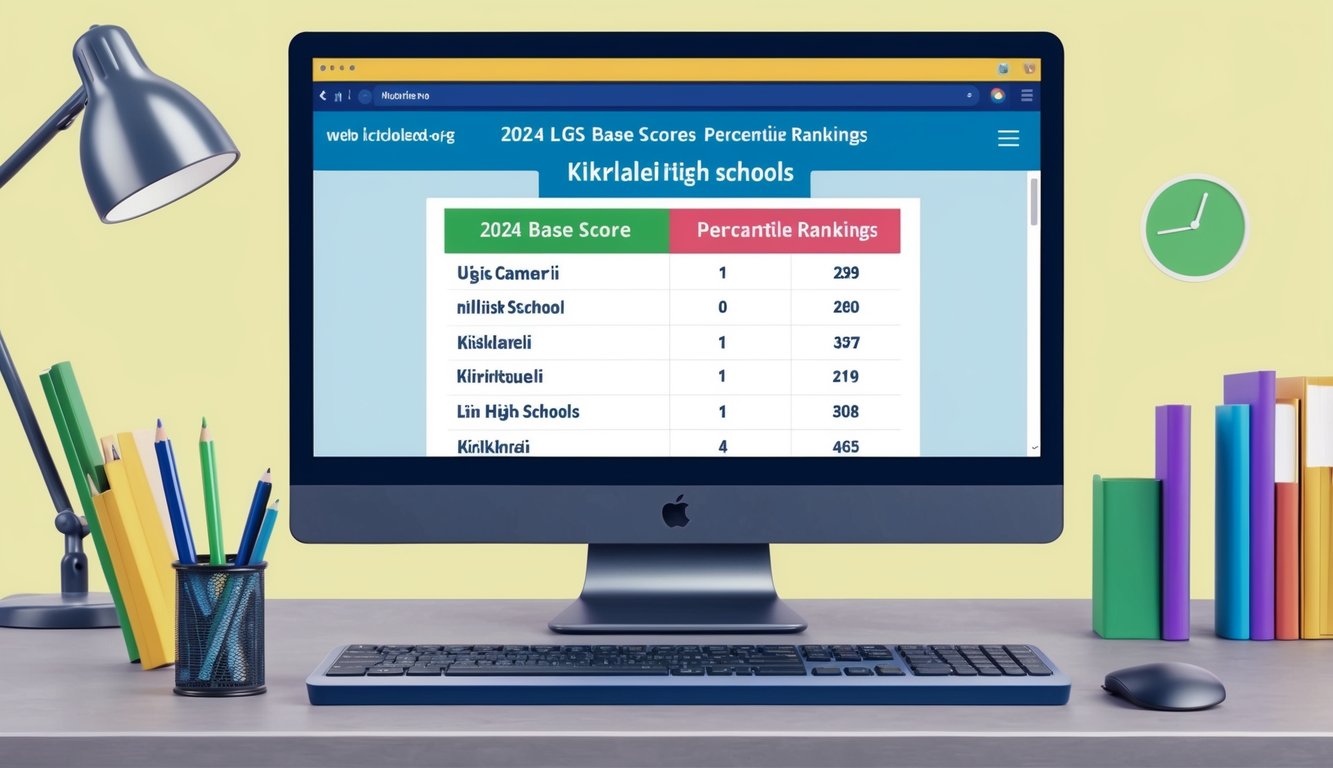 Kırklareli liseleri için 2024 LGS taban puanları ve yüzdelik dilim sıralamalarını gösteren bir bilgisayar ekranı, üst kısımda görünen bir web adresi ile