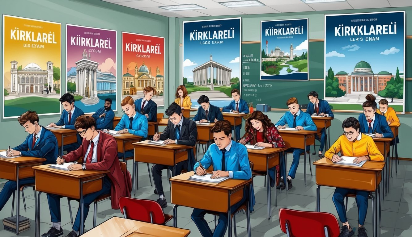 Öğrencilerin LGS sınavına girdiği, Kırklareli simgeleri ve eğitim kaynaklarıyla çevrili hareketli bir sınıf