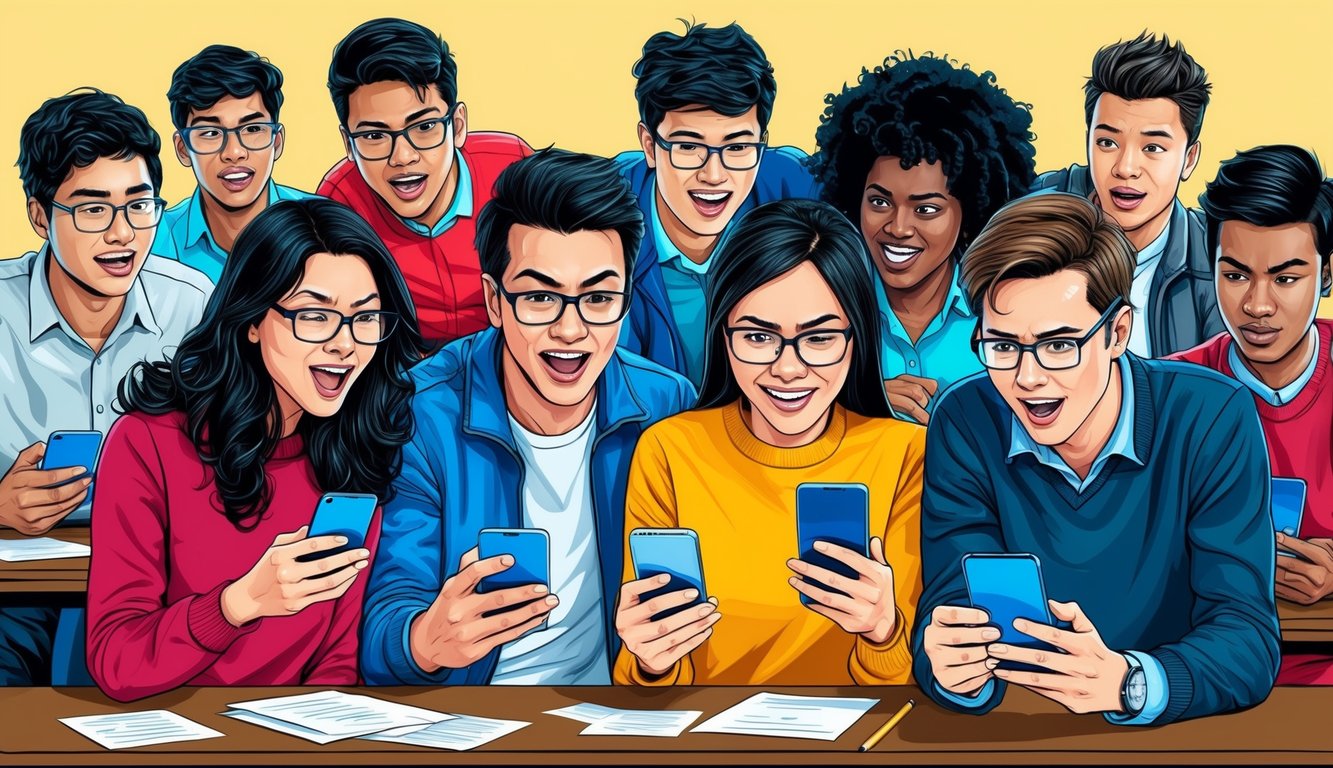 Bir grup öğrenci, akıllı telefonlarında sınav sonuçlarını heyecanla kontrol ediyor.
