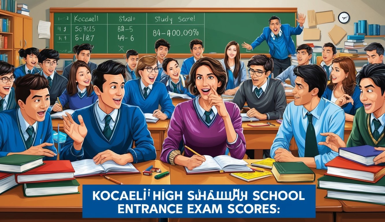 Öğrencilerin Kocaeli lise giriş sınavı puanlarını heyecanla tartıştığı, ders kitapları ve çalışma materyalleriyle dolu hareketli bir sınıf.