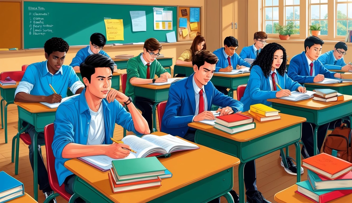 Bir sınıfta masalarda ders çalışan bir grup öğrenci, etrafta dağınık şekilde kitaplar ve okul malzemeleri var.