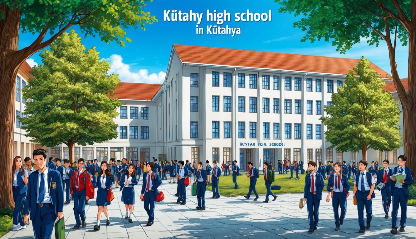 Kütahya'da, avluda toplanmış ve dersler arasında yürüyen öğrencilerle dolu bir yüksekokul. Okul binası ağaçlarla çevrili ve parlak mavi bir gökyüzü var.