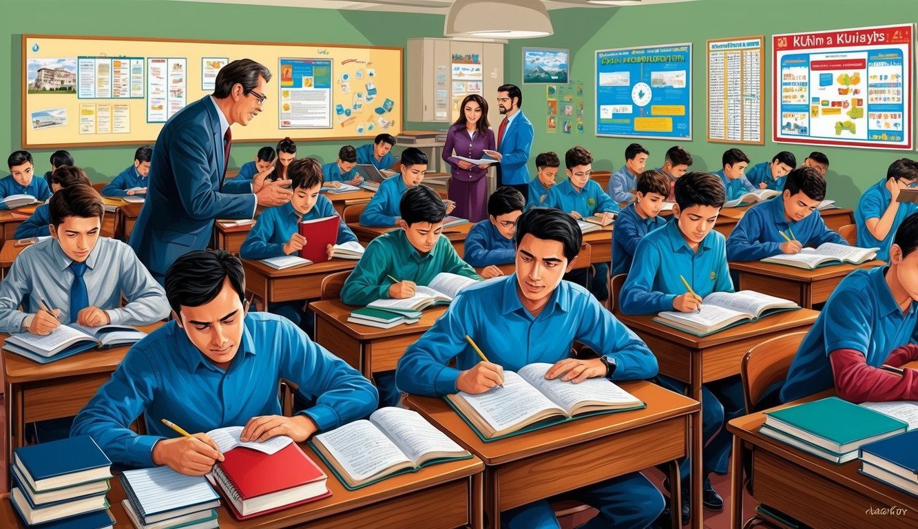 Türkiye'nin Kütahya şehrinde, öğrencilerin öğretmenleriyle etkileşimde bulunduğu ve ders çalıştığı hareketli bir sınıf. Masaları kitaplar ve defterler kaplıyor, duvarlar ise eğitim posterleri ve grafiklerle süslenmiş.