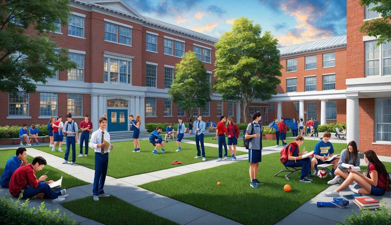 Öğrencilerin sohbet ettiği, ders çalıştığı ve spor yaptığı, akademik binalar ve yeşillikler ile çevrili hareketli bir lise avlusu.
