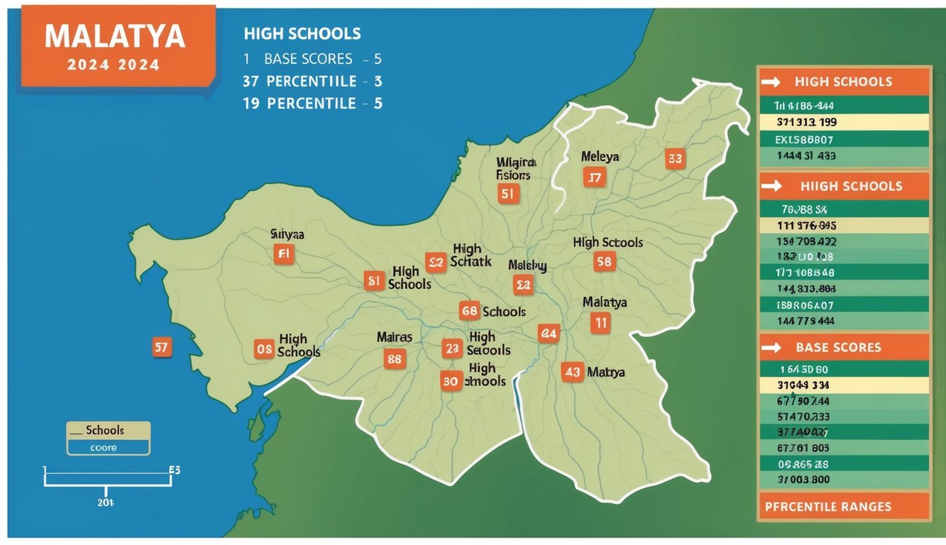 2024 yılı için etiketli liselerinin ve bunların ilgili taban puanları ile yüzde dilim aralıklarının bulunduğu Malatya haritası