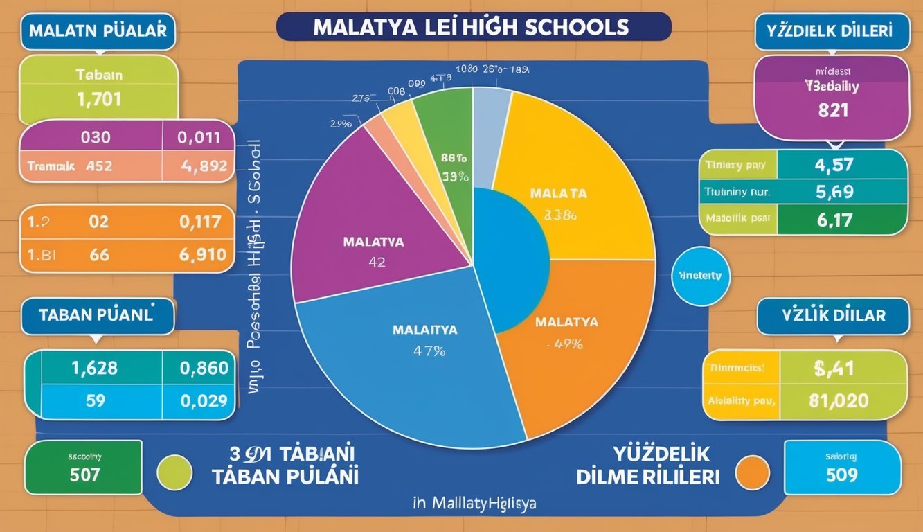 Malatya liseleri için taban puanları ve yüzdelik dilimlerini gösteren renkli bir grafik, çeşitli bölümler ve veri noktaları ile birlikte