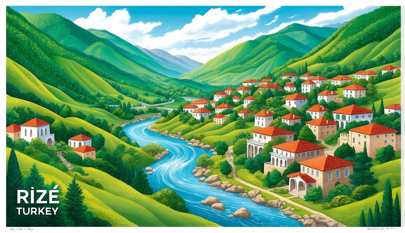 Rize, Türkiye'nin yemyeşil dağlarla, akan bir nehirle ve tepelerin arasında yer alan geleneksel Türk evleriyle dolu manzaralı bir görüntüsü.