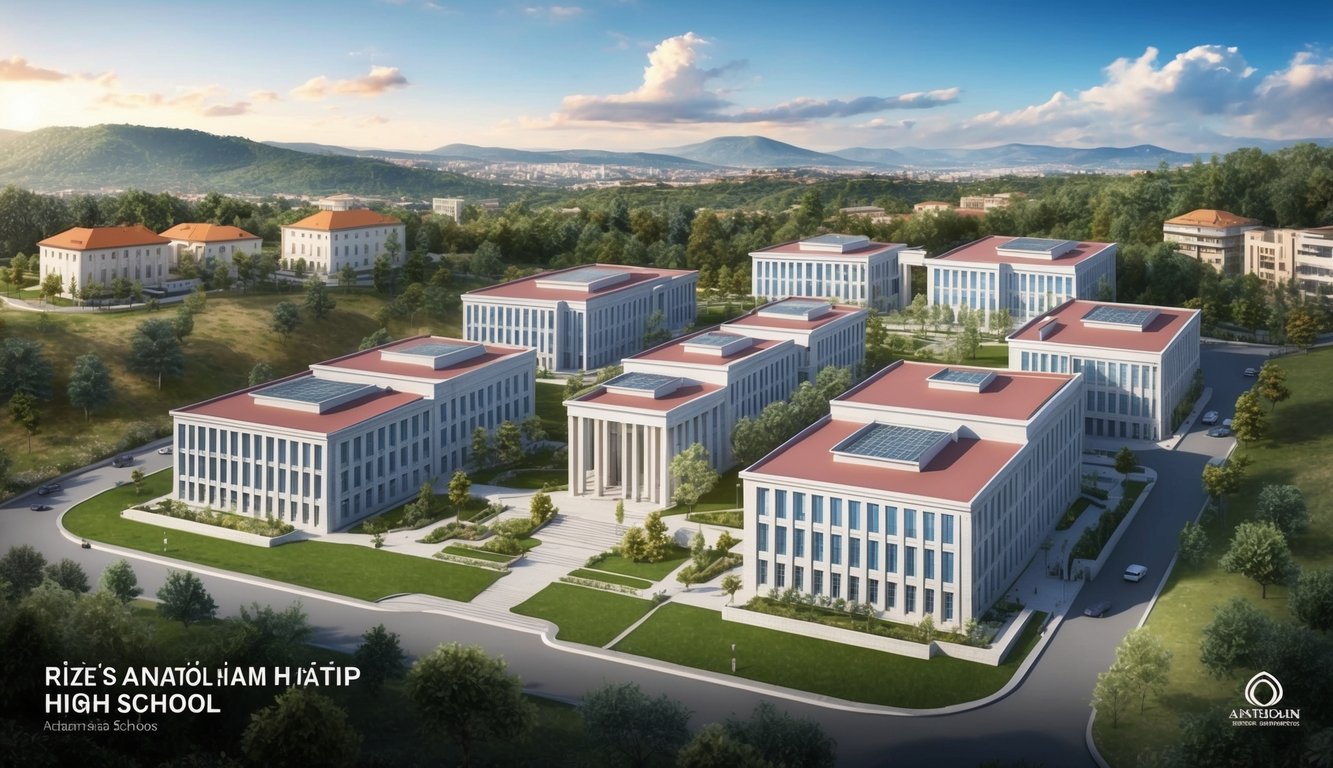 Rize'nin Anadolu İmam Hatip Liseleri'nin çevresindeki doğa ve binalarla birlikte manzarası