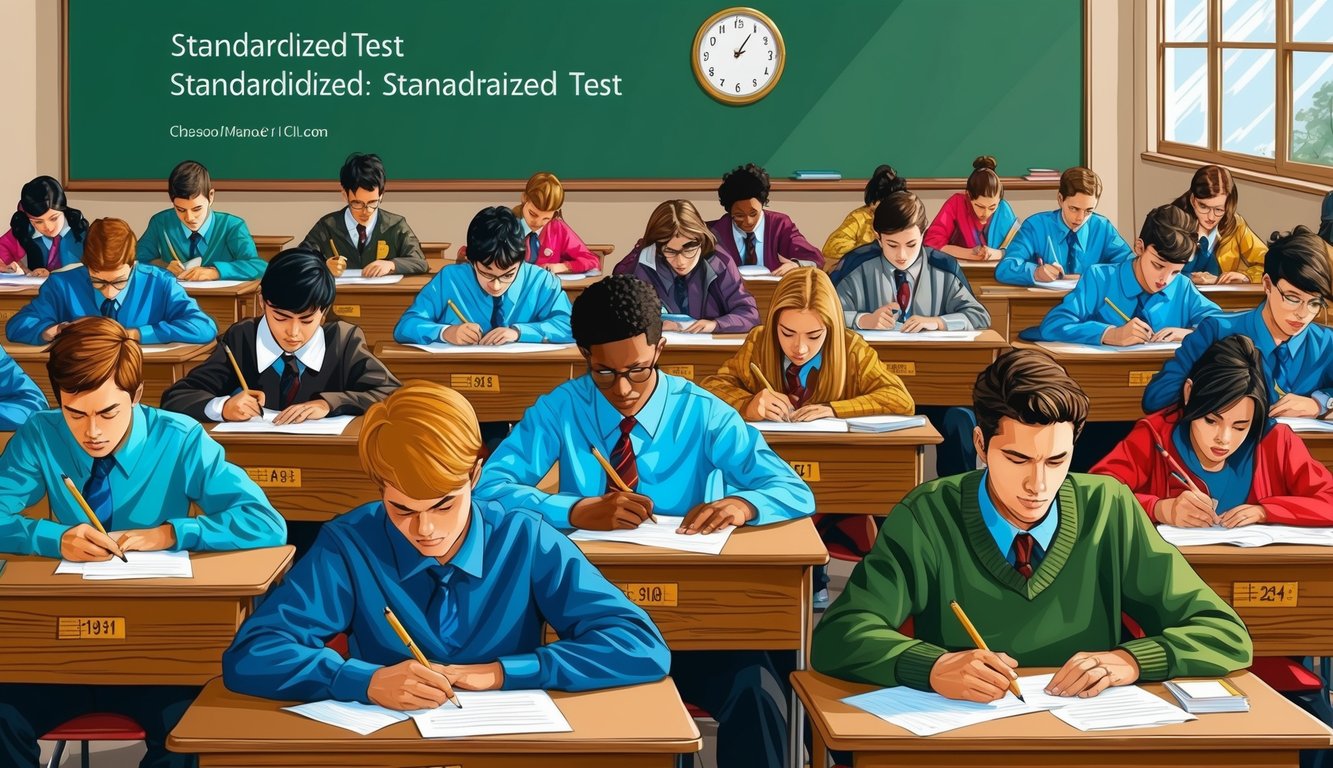 Kalemler ve kağıtlar masalarında bulunan, standart bir testte sınav olan öğrencilerle dolu bir sınıf, duvardaki saat zamanı gösteriyor.