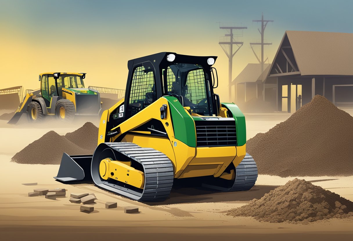 A John Deere 250 skid steer parked on a construction site, surrounded by piles of dirt and construction materials