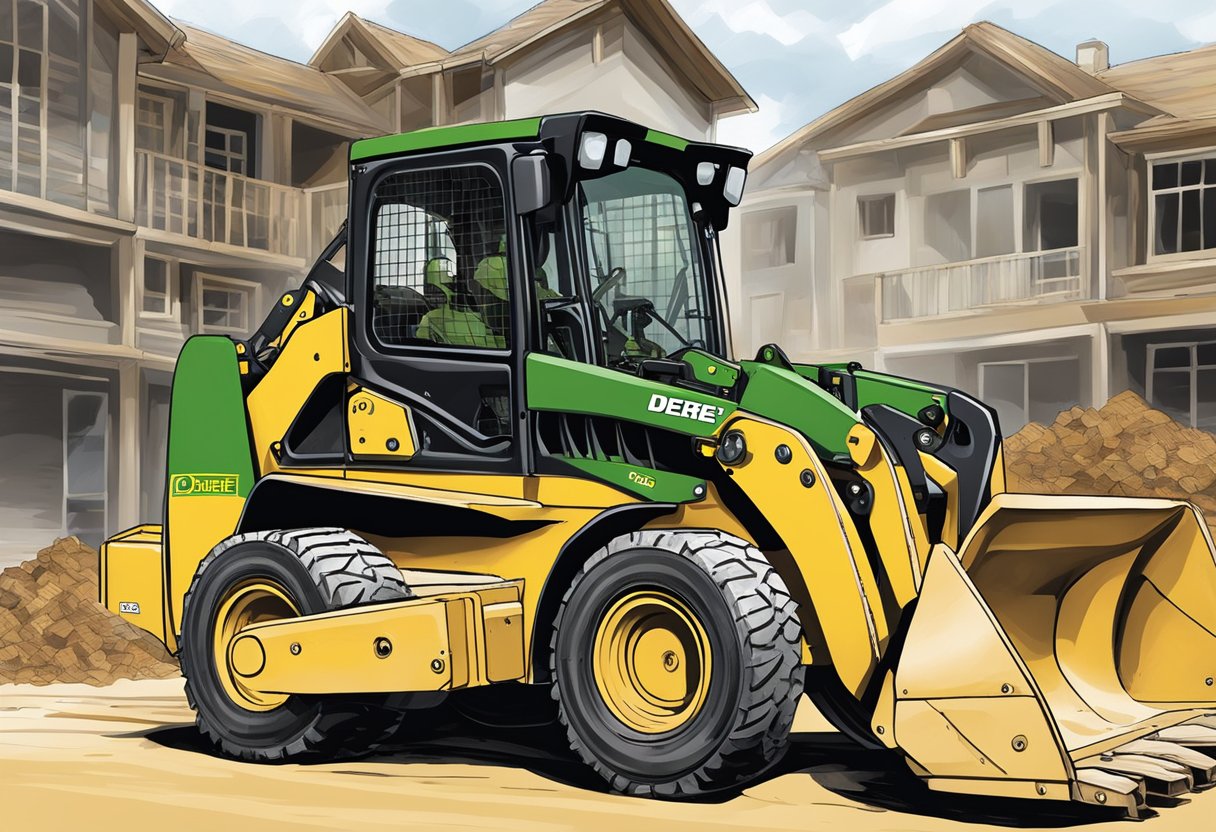 A John Deere 250 skid steer in action, lifting and moving heavy materials on a construction site