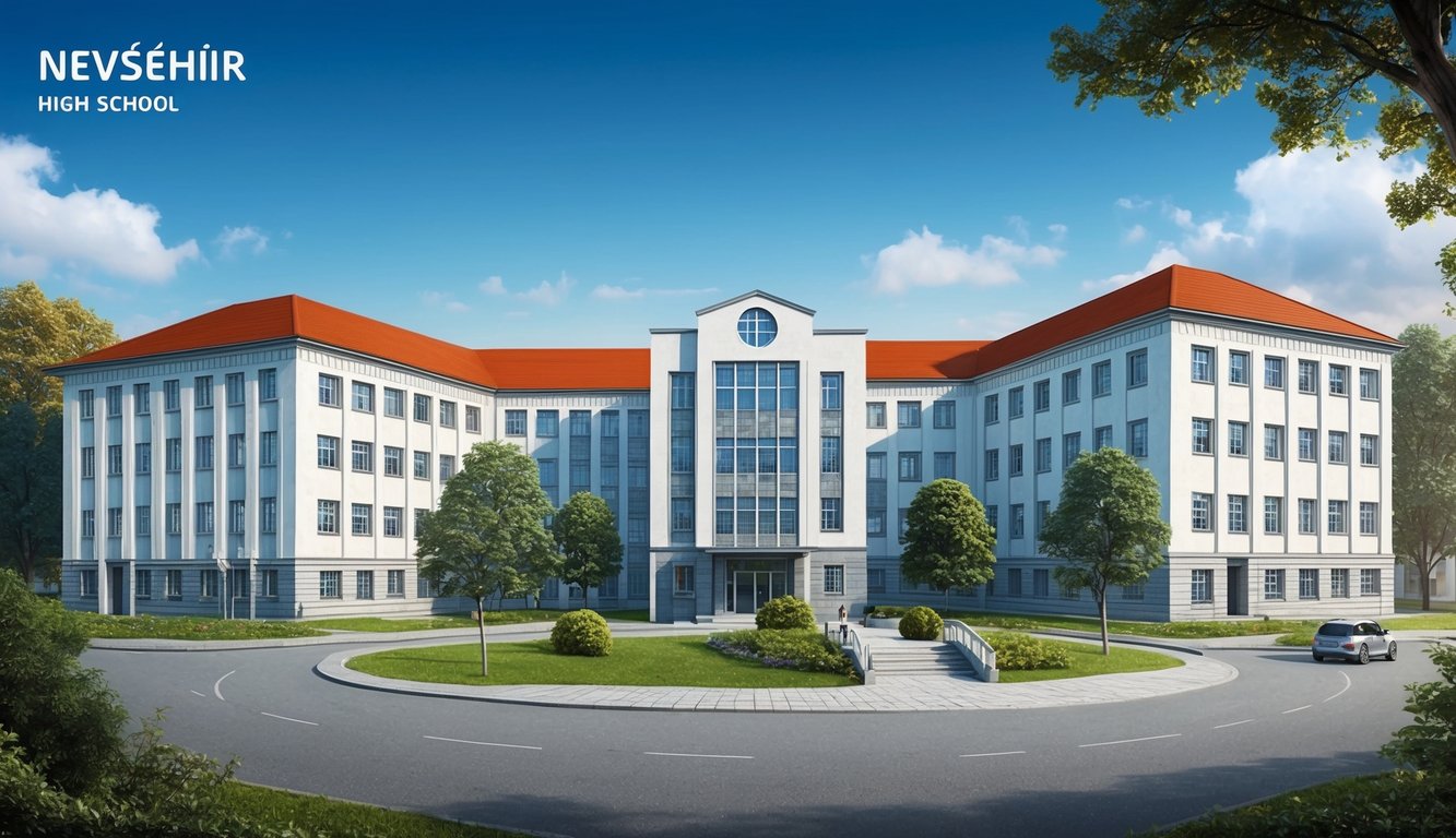Ağaçlarla çevrili ve açık mavi bir gökyüzüne sahip Nevşehir'deki bir grup lise binası
