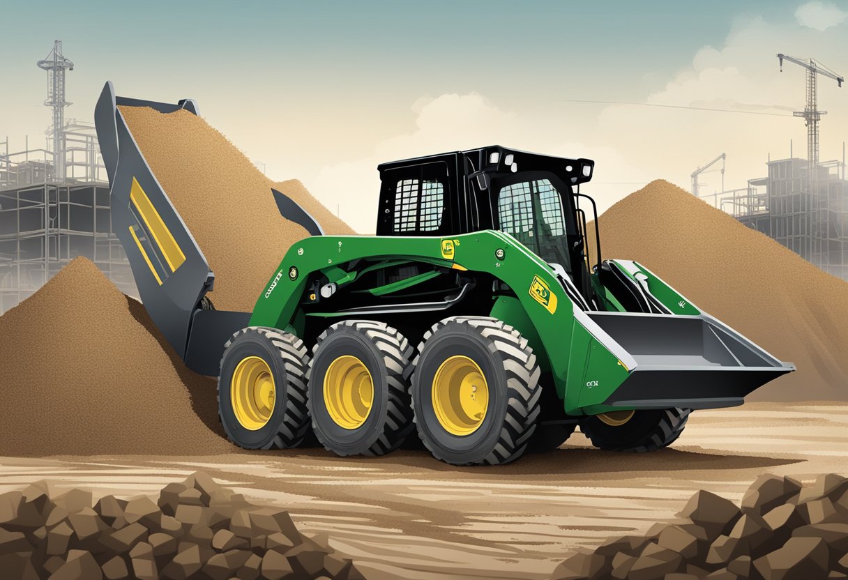 A John Deere 320 skid steer parked on a construction site, surrounded by piles of dirt and gravel