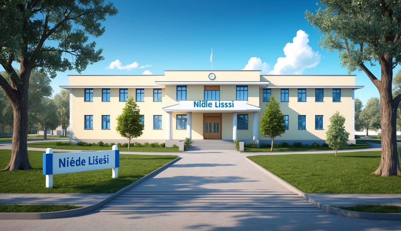 Ağaçlarla çevrili ve açık mavi bir gökyüzü altında, girişte "Niğde Lisesi" adını taşıyan bir tabelanın bulunduğu bir okul binası.
