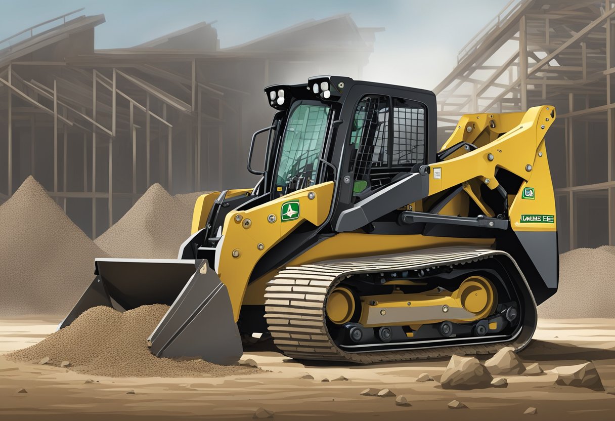 A John Deere 320 skid steer parked on a construction site, surrounded by piles of dirt and gravel