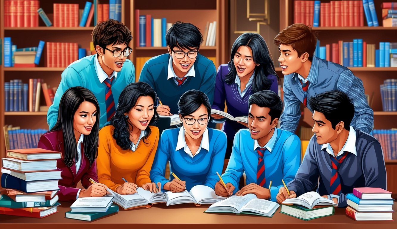 Prestijli bir lisede, kitaplar ve eğitim materyalleriyle çevrili olarak, hevesle çalışan ve tartışan bir grup öğrenci