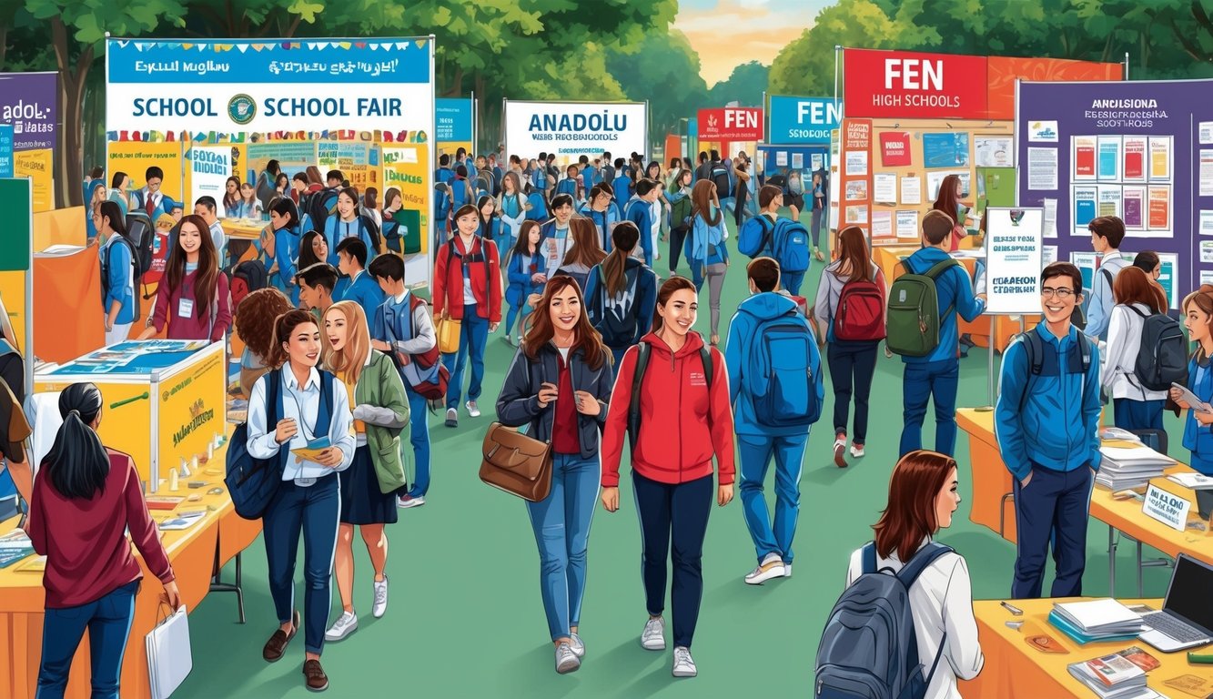 Öğrencilerin ve velilerin stantları ve sergileri keşfettiği, Anadolu ve Fen liselerini tanıtan pankartlar ve tabelalarla dolu hareketli bir okul fuarı.
