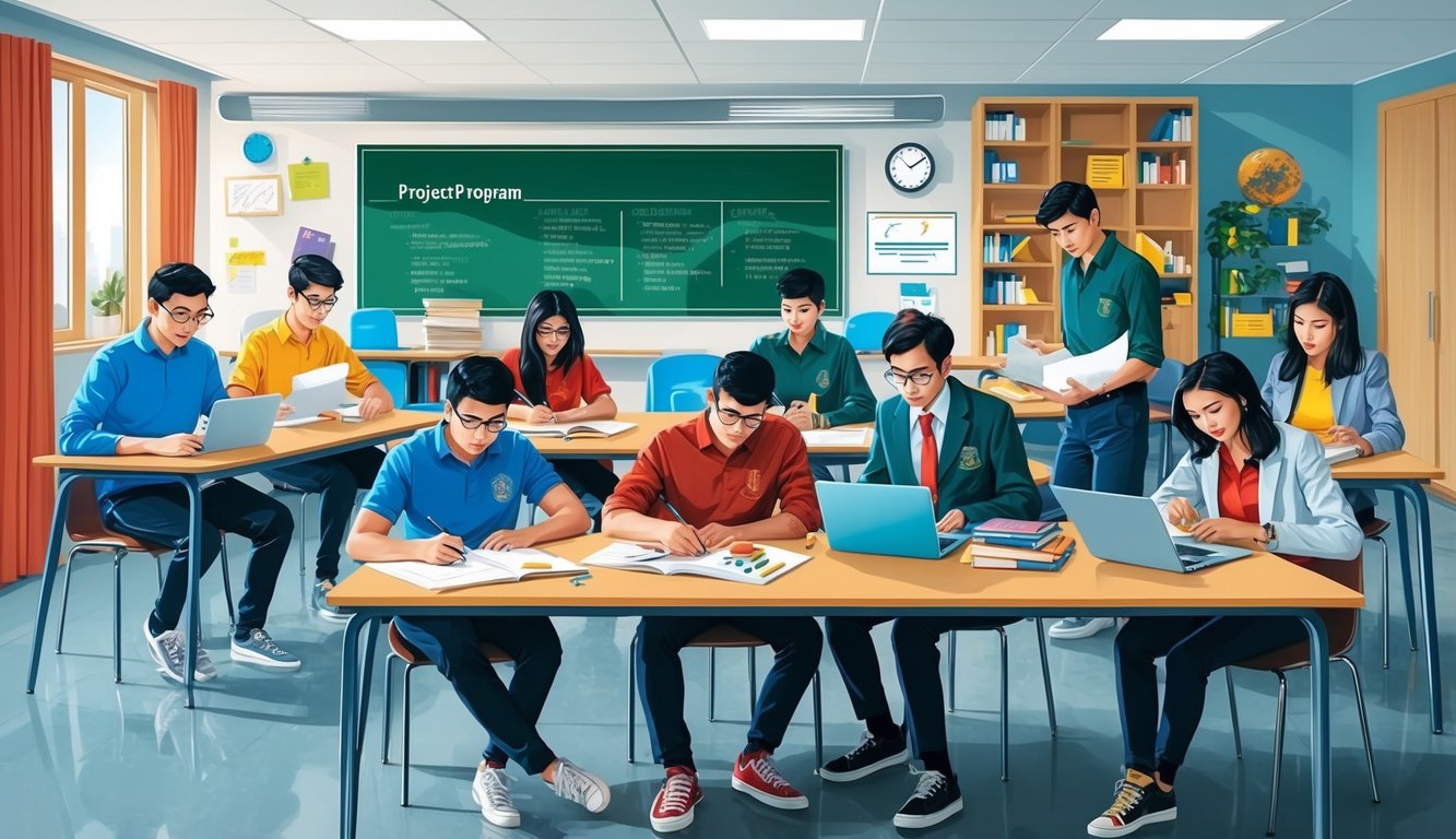 Bir grup öğrenci, özel bir program ve proje lisesinde modern ve iyi donanımlı bir sınıfta projeler üzerinde çalışıyor ve ders çalışıyor.