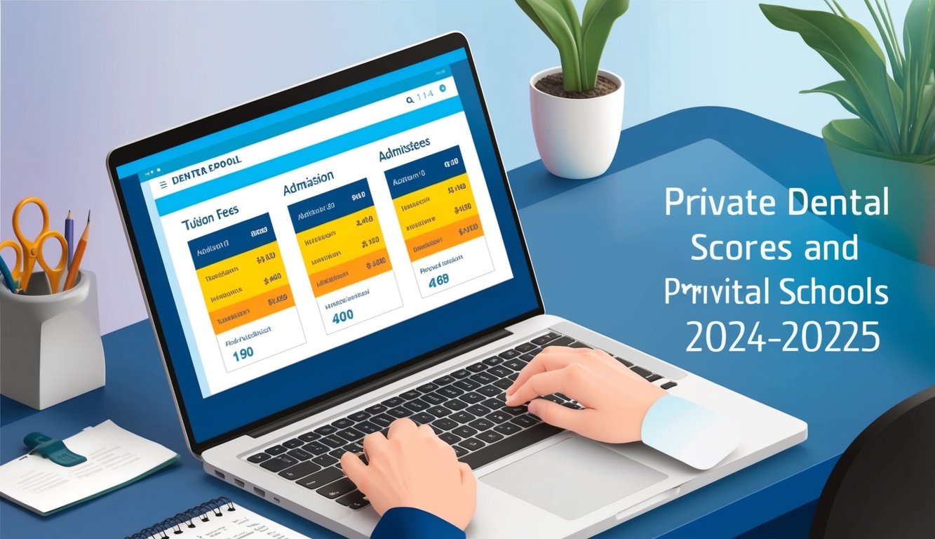2024-2025 özel diş okulları için öğrenim ücretleri ve kabul puanlarını gösteren bir web sitesine açık bir dizüstü bilgisayar