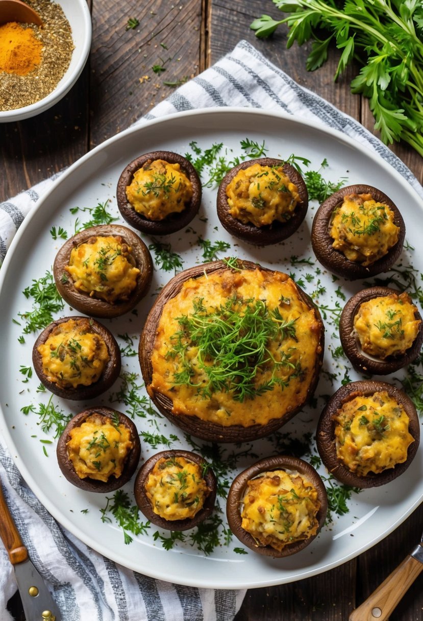 21 Appetizer Recipes That Will Impress Your Guests 2 A platter of stuffed mushrooms surrounded by herbs and spices on a rustic wooden table