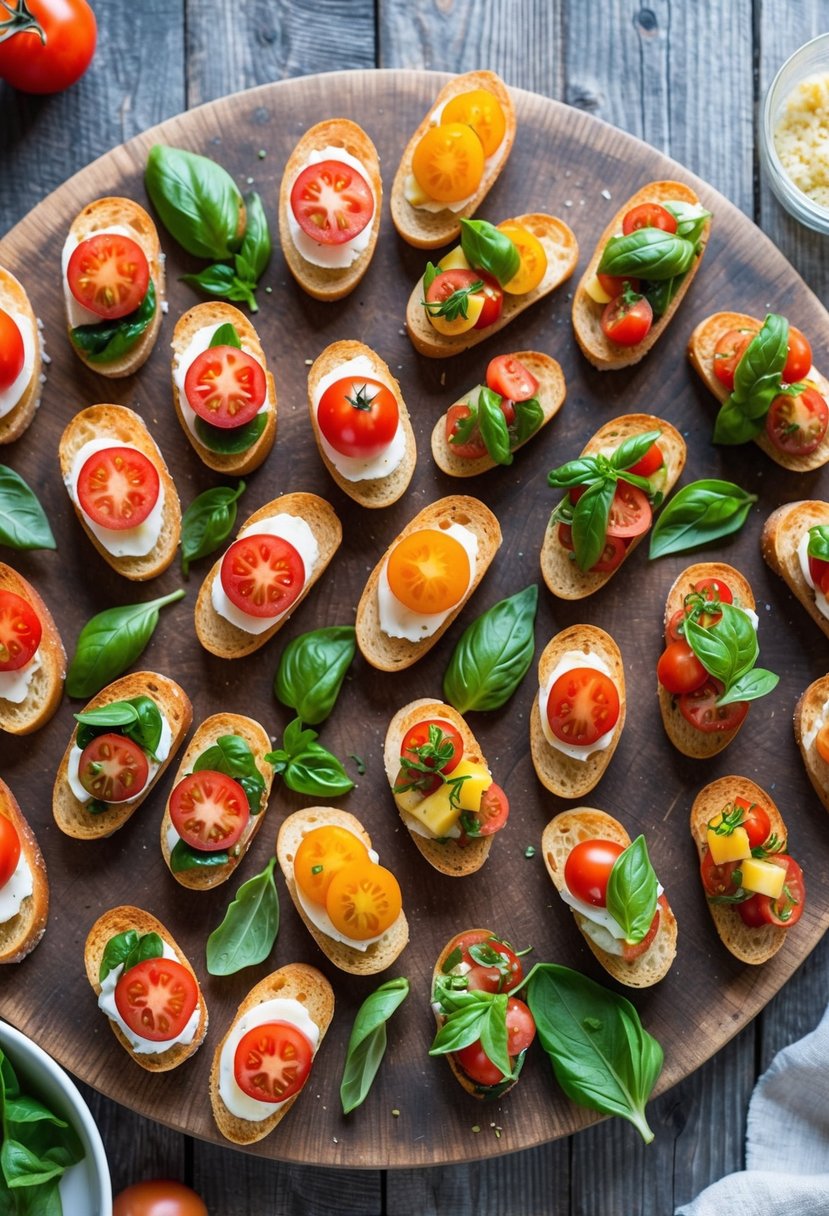 21 Appetizer Recipes That Will Impress Your Guests 3 A rustic wooden table topped with a variety of bruschetta appetizers, including tomatoes, basil, and other fresh ingredients, arranged in an inviting and appetizing display
