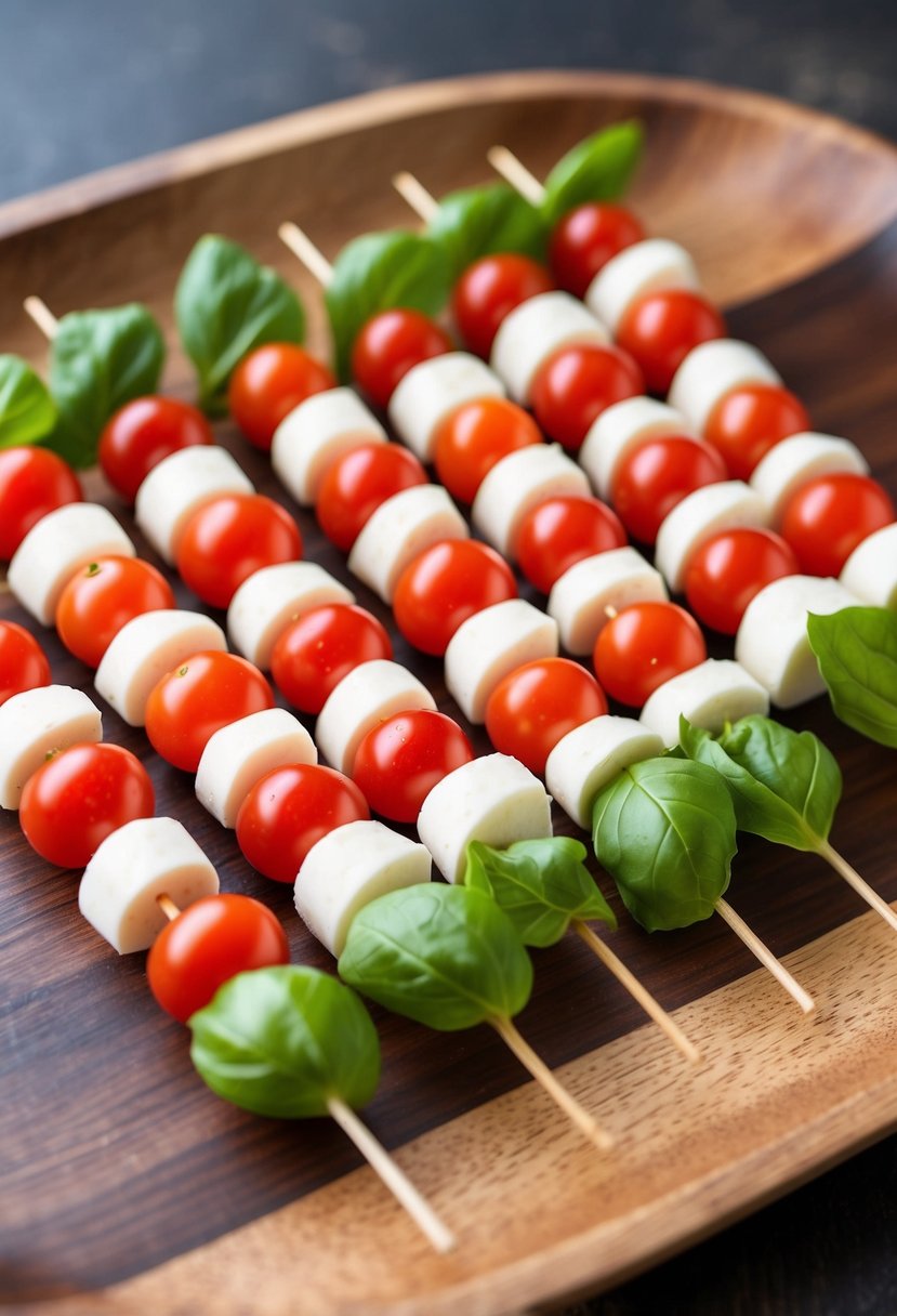 21 Appetizer Recipes That Will Impress Your Guests 7 A wooden serving platter with Caprese skewers arranged in a neat row, each skewer featuring cherry tomatoes, mozzarella, and fresh basil leaves