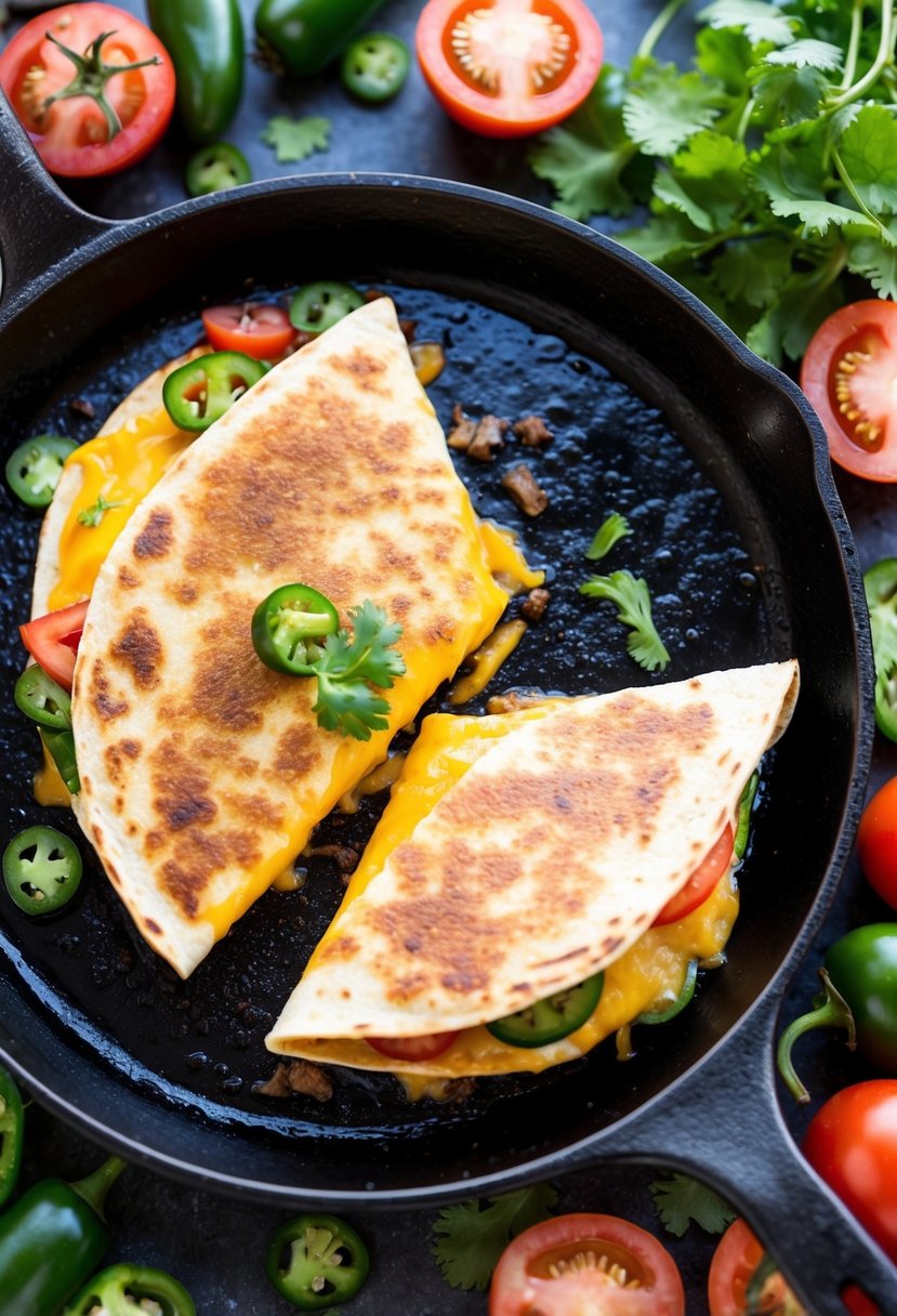 21 Appetizer Recipes That Will Impress Your Guests 9 A sizzling cheese quesadilla on a hot skillet, surrounded by colorful ingredients like tomatoes, jalapeños, and cilantro