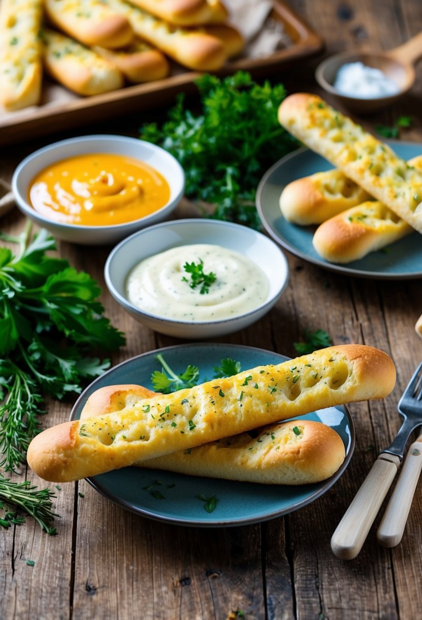 21 Appetizer Recipes That Will Impress Your Guests 15 A rustic wooden table set with a variety of garlic breadsticks and dipping sauces, surrounded by fresh herbs and ingredients