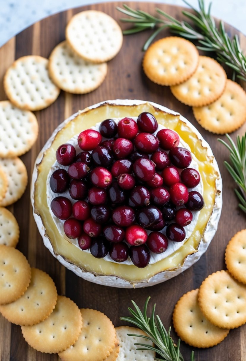 21 Appetizer Recipes That Will Impress Your Guests 20 A round of baked brie topped with cranberries and served on a wooden cutting board surrounded by assorted crackers and fresh rosemary sprigs