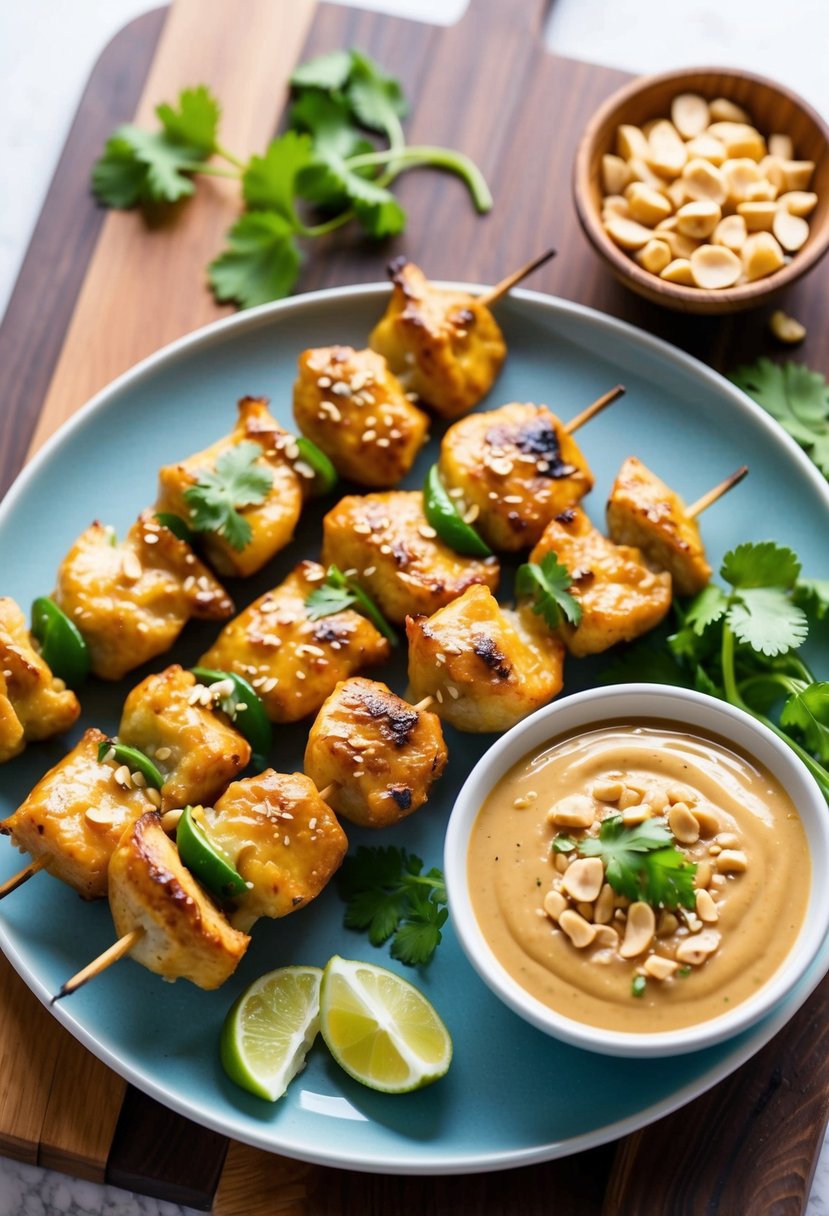 21 Appetizer Recipes That Will Impress Your Guests 21 A plate of chicken satay skewers with a side of peanut sauce, garnished with chopped peanuts and fresh cilantro on a wooden serving board