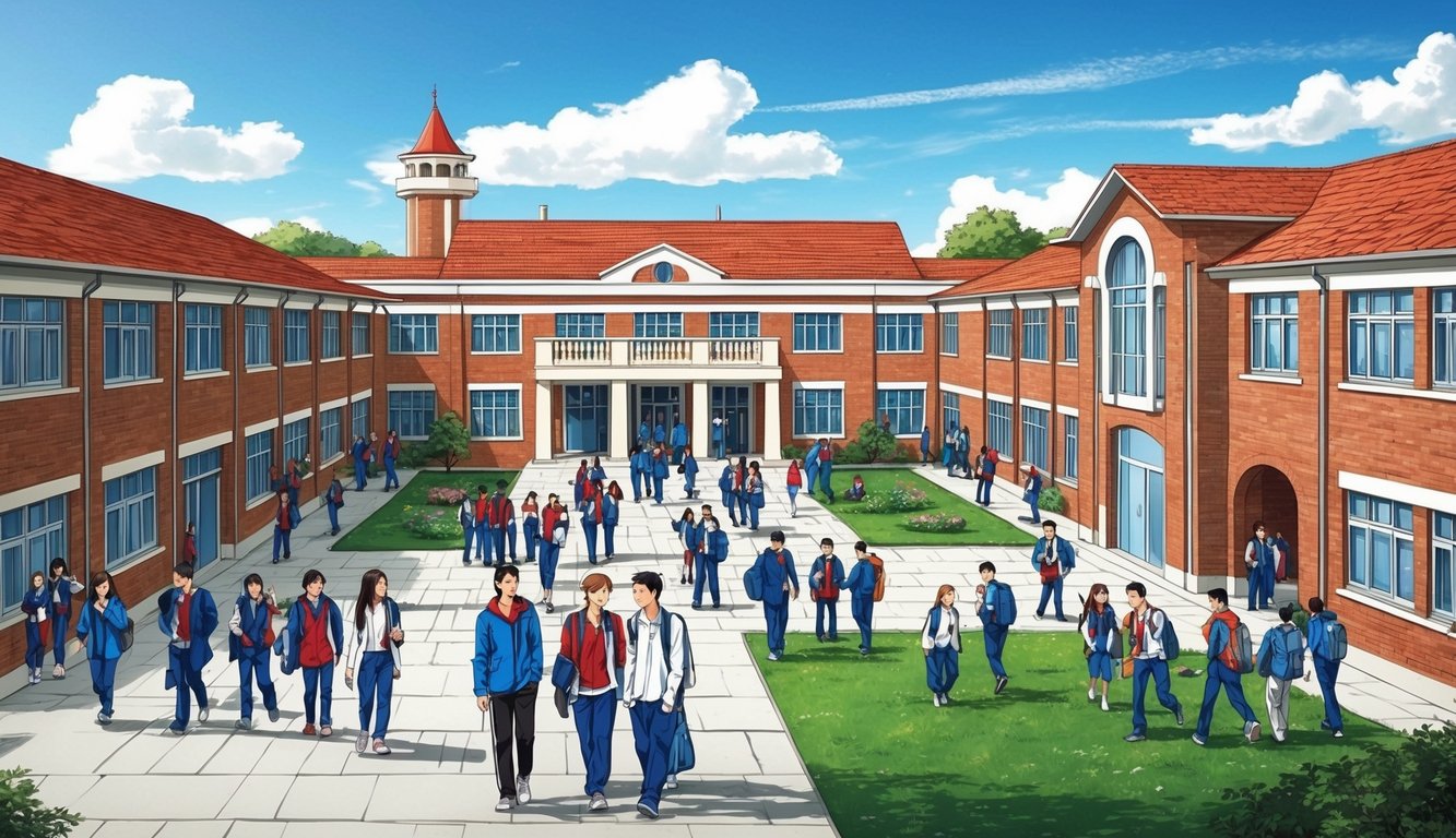 Türkiye'nin Sakarya şehrinde, binalar arasında yürüyen ve avluda toplanan öğrencilerle dolup taşan bir okul kampüsü.