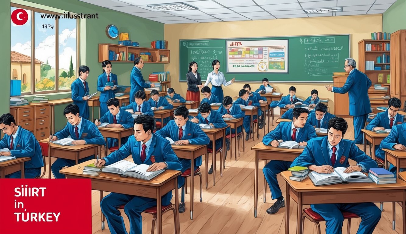 Türkiye'nin Siirt şehrinde, öğrencilerin öğretmenleriyle etkileşimde bulunduğu ve ders çalıştığı hareketli bir sınıf. Oda, masalar, kitaplar ve eğitim materyalleriyle dolu.
