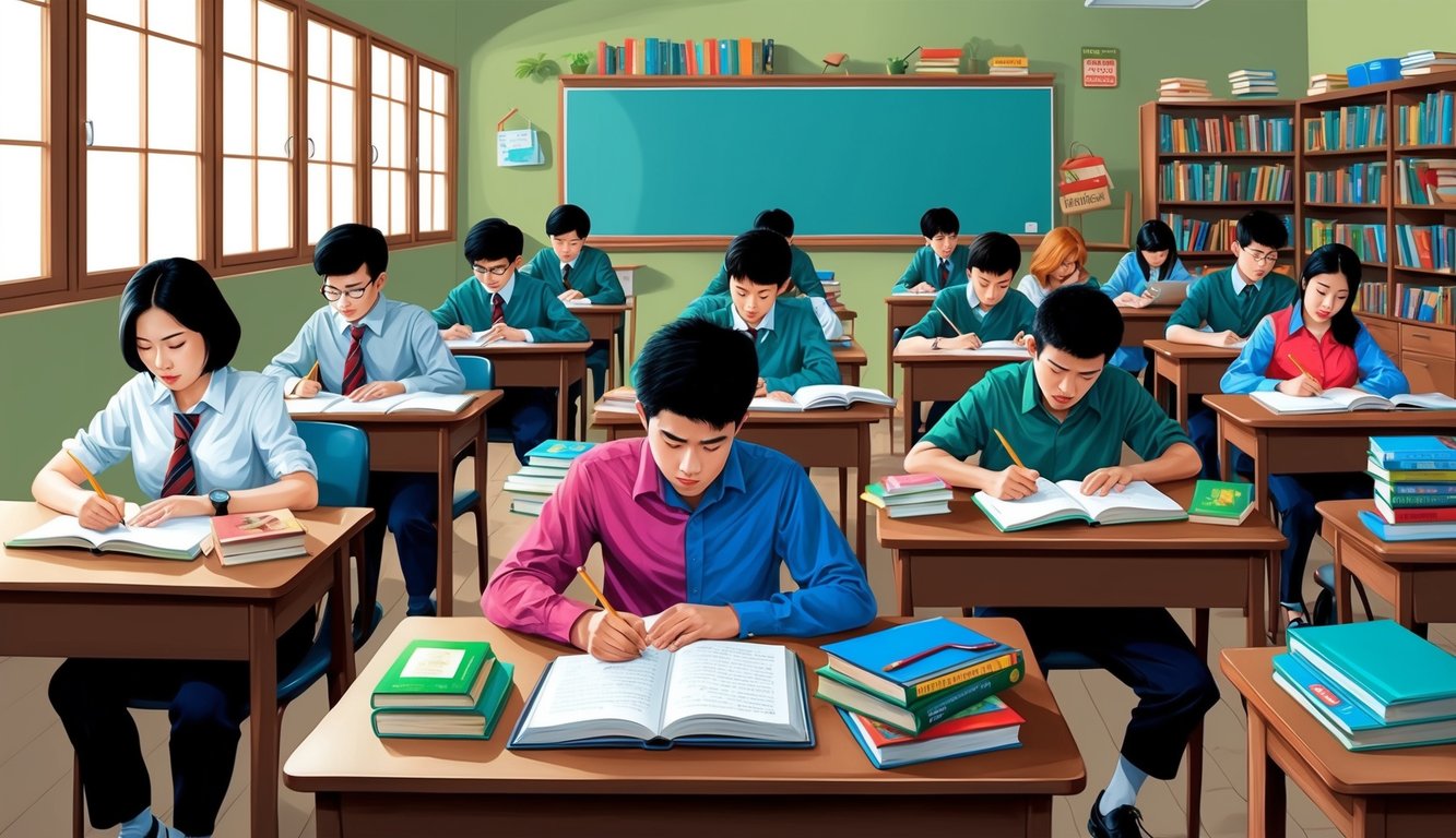 Öğrencilerin titizlikle çalıştığı, kitaplar ve eğitim materyalleriyle çevrili huzurlu bir sınıf