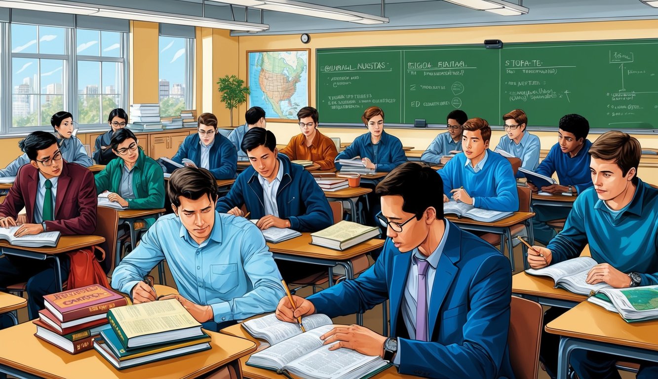 Öğrencilerin bölgesel analiz üzerinde çalıştığı ve tartıştığı, masaların üzerinde dağınık halde ders kitapları ve grafiklerin bulunduğu hareketli bir sınıf.