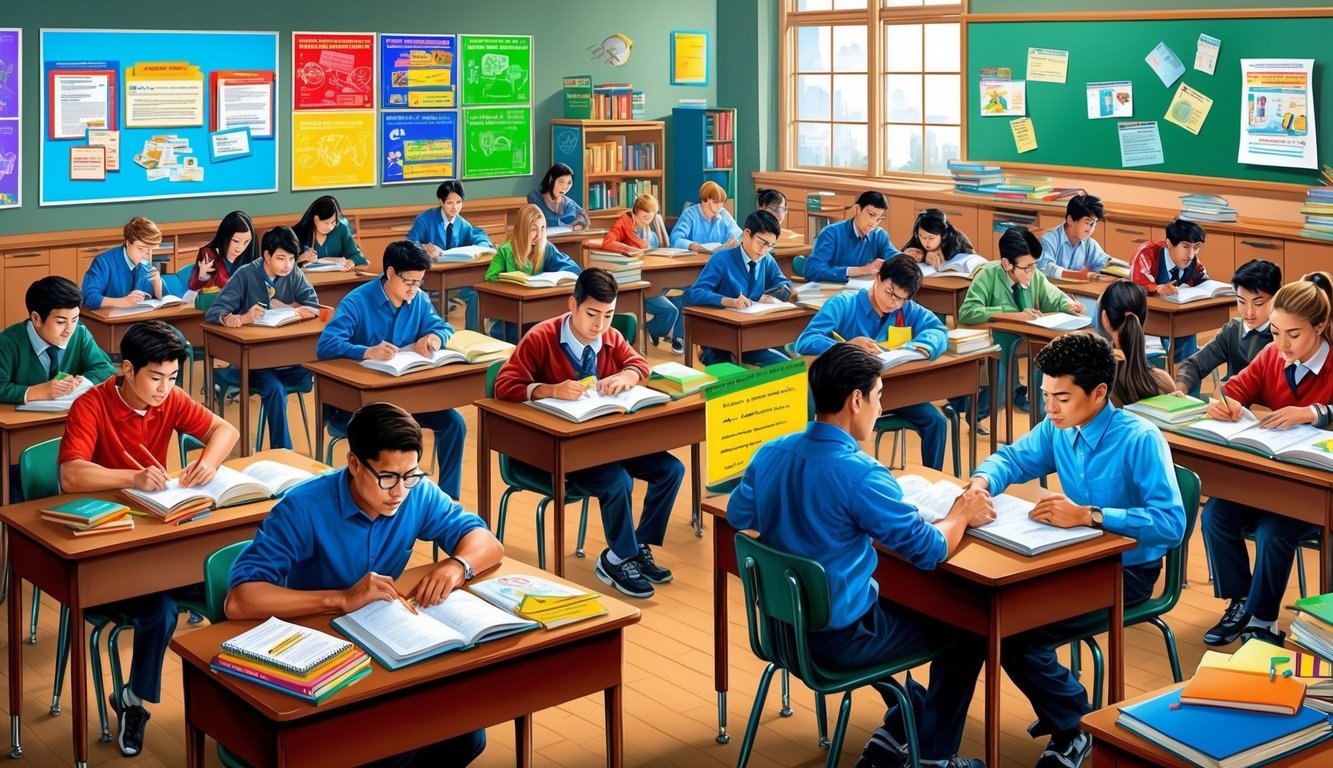 Öğrencilerin çalıştığı ve etkileşimde bulunduğu, renkli posterler ve eğitim materyalleriyle çevrili, hareketli bir sınıf