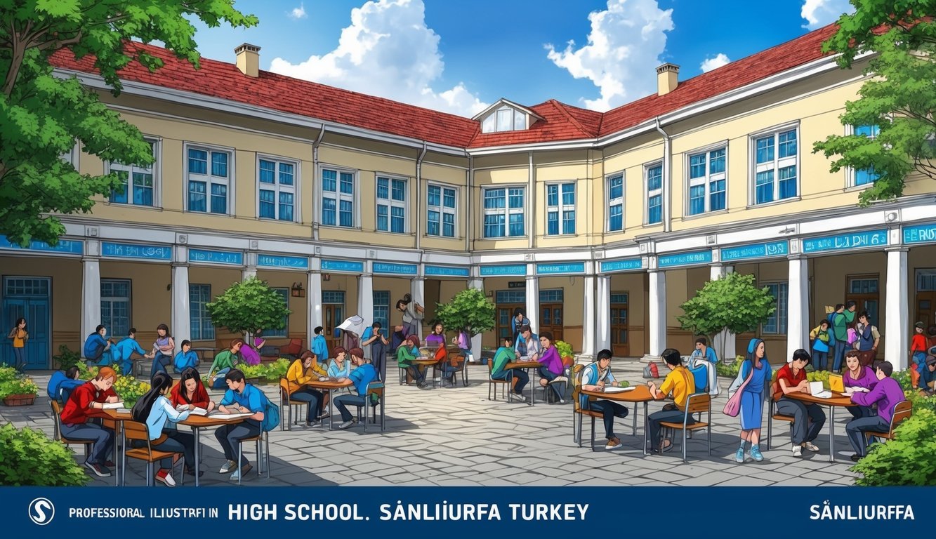 Türkiye'nin Şanlıurfa şehrinde, avluda ders çalışan ve sosyalleşen öğrencilerin olduğu hareketli bir lise