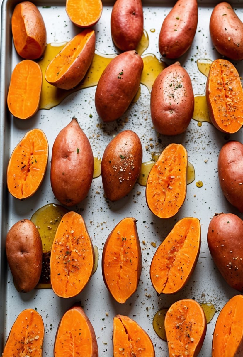 20 Sweet Potato Recipes That Will Sweeten Your Day 3 Sweet potatoes arranged on a baking sheet, drizzled with maple syrup and sprinkled with seasoning, ready to be roasted