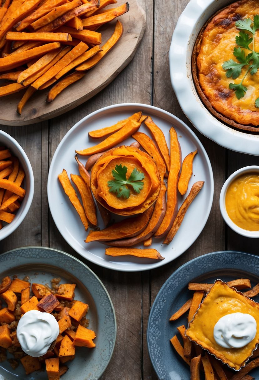 20 Sweet Potato Recipes That Will Sweeten Your Day 4 A rustic wooden table with a variety of sweet potato dishes spread out, including sweet potato fries, pies, and casseroles