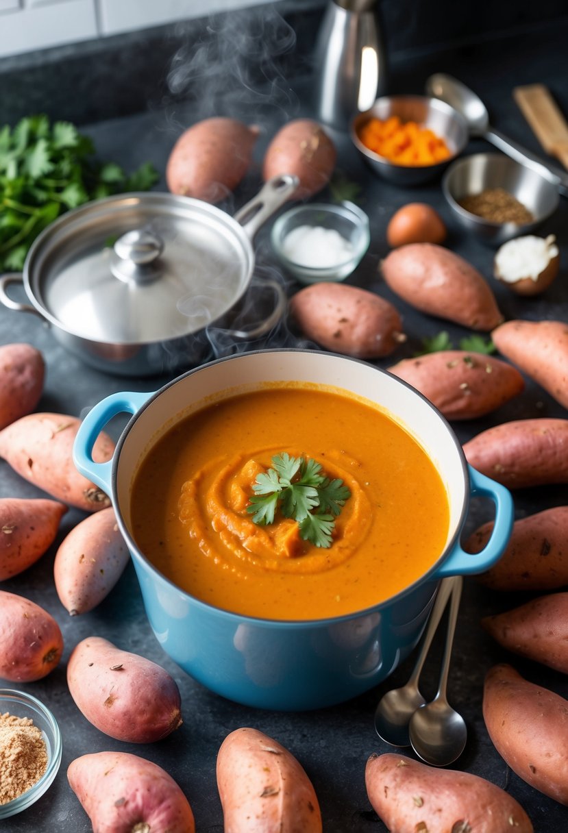 20 Sweet Potato Recipes That Will Sweeten Your Day 5 A steaming pot of spicy sweet potato soup surrounded by 20 sweet potatoes, various kitchen utensils, and ingredients scattered on a countertop
