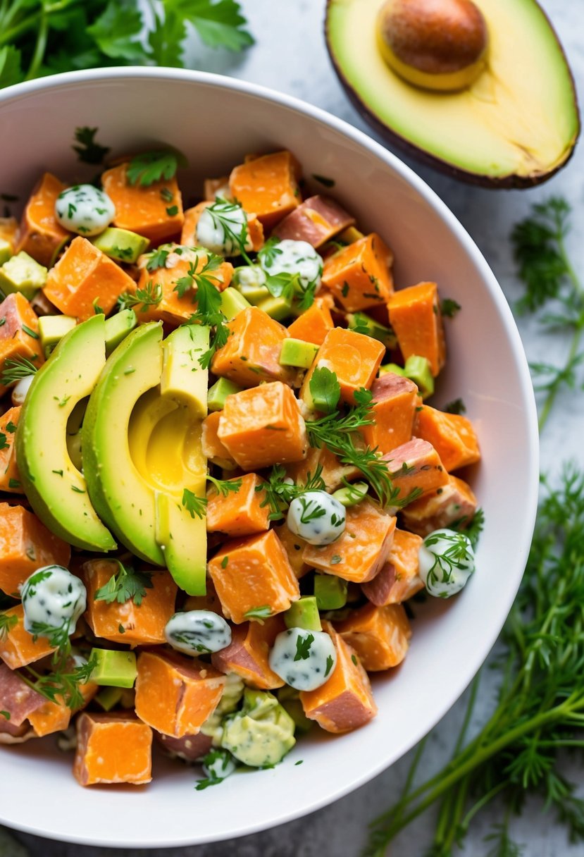 20 Sweet Potato Recipes That Will Sweeten Your Day 6 A colorful bowl of sweet potato salad with creamy avocado, surrounded by a variety of fresh ingredients and herbs