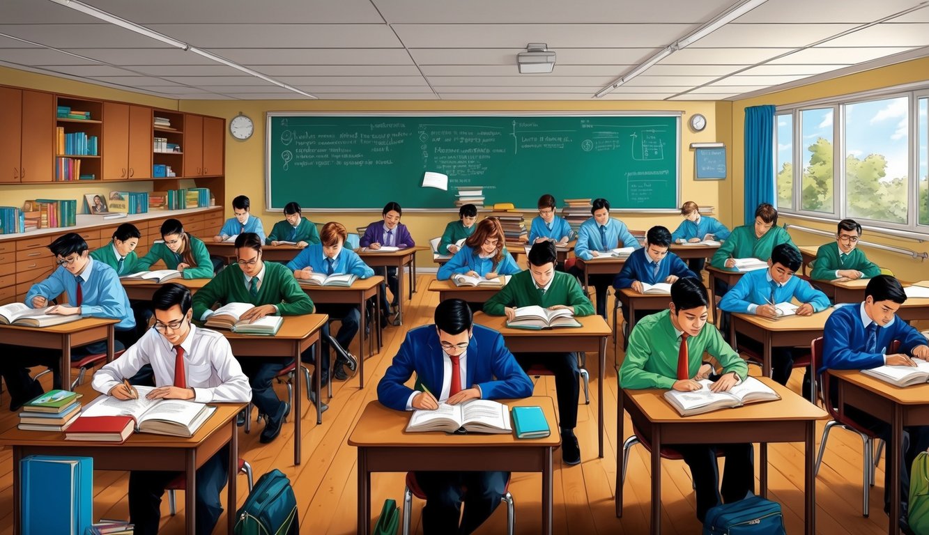 Öğrencilerin ders çalıştığı ve akademik etkinliklerde bulunduğu, kitaplar, masalar ve eğitim materyallerinin görüldüğü bir sınıf.