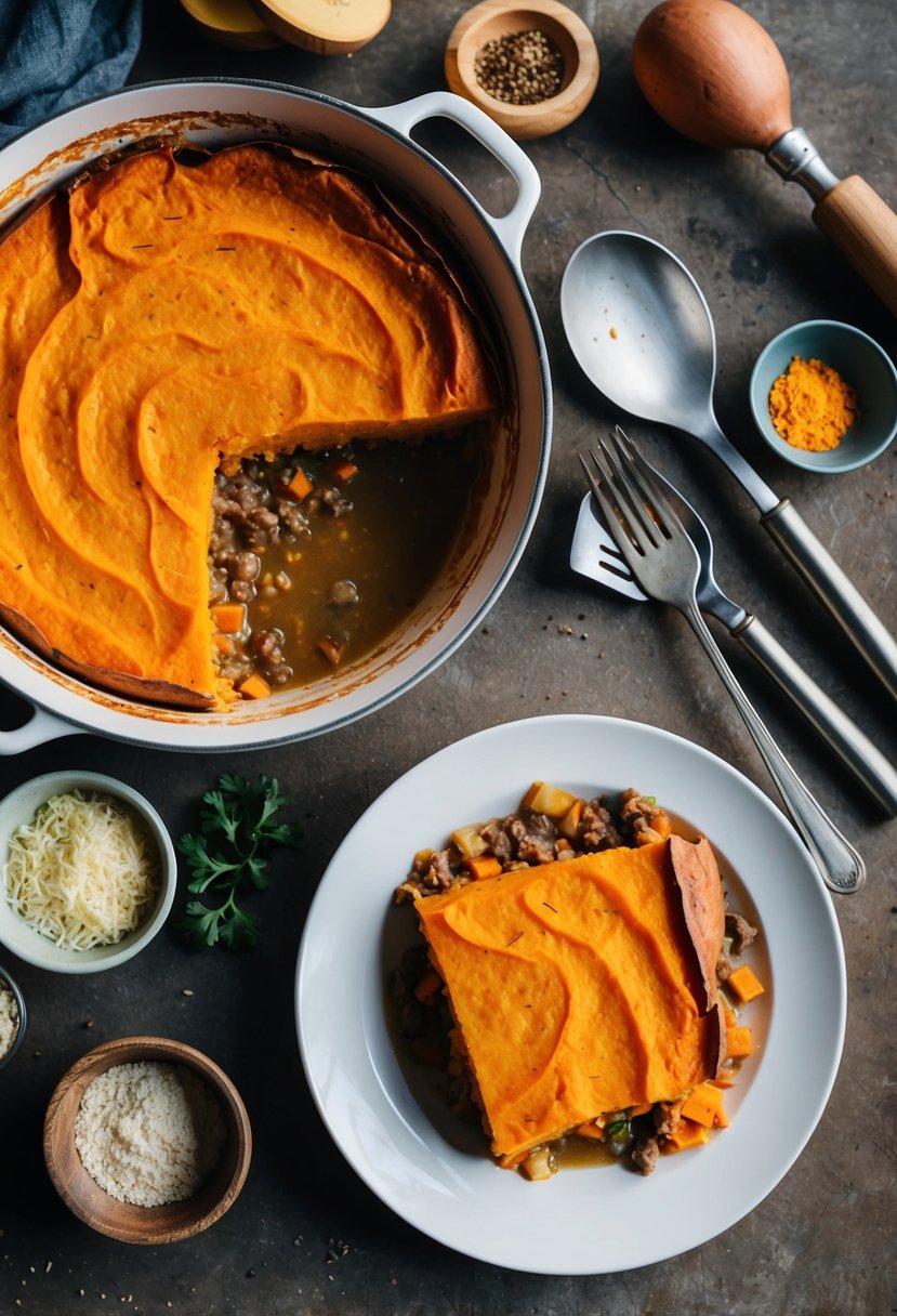 20 Sweet Potato Recipes That Will Sweeten Your Day 9 A rustic kitchen scene with a bubbling casserole dish of sweet potato shepherd's pie surrounded by ingredients and utensils
