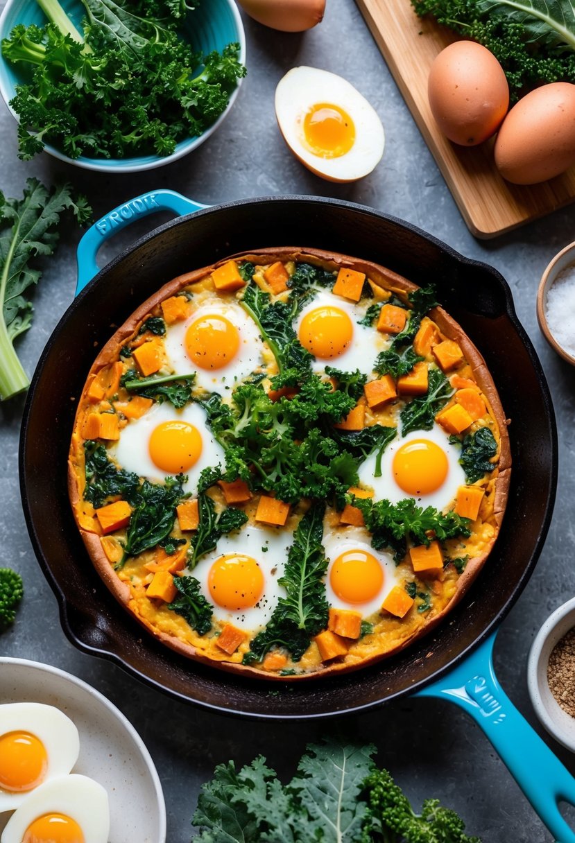 20 Sweet Potato Recipes That Will Sweeten Your Day 11 A colorful frittata sizzling in a skillet with sweet potatoes, kale, and eggs, surrounded by a variety of fresh ingredients and cooking utensils