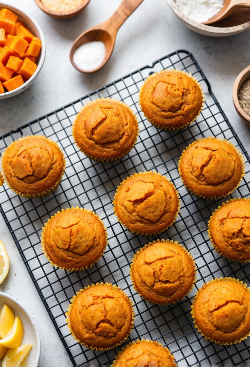 20 Sweet Potato Recipes That Will Sweeten Your Day 12 A batch of sweet potato muffins cooling on a wire rack, surrounded by various ingredients and kitchen utensils