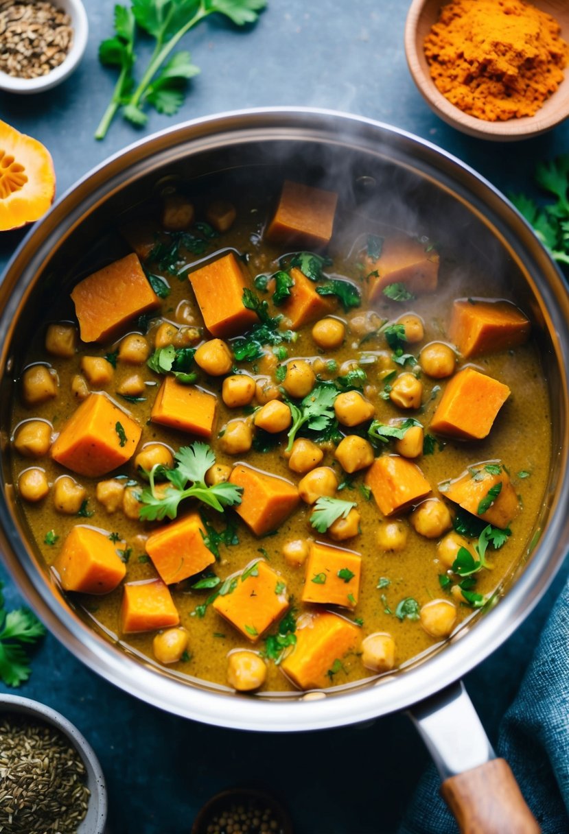 20 Sweet Potato Recipes That Will Sweeten Your Day 13 A steaming pot of sweet potato and chickpea curry surrounded by vibrant spices and herbs