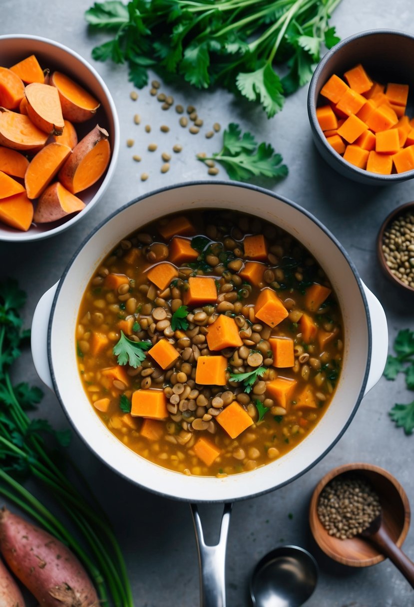 20 Sweet Potato Recipes That Will Sweeten Your Day 18 A steaming pot of sweet potato and lentil soup surrounded by fresh ingredients and cooking utensils
